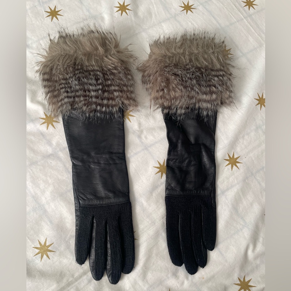 Ann Taylor Black Leather Gloves with Knit Inner Hand Brown Faux Fur Cuff Sz S